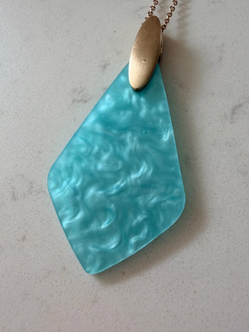 NWOT- Long Gold Necklace with Aqua Marbled Resin Pendant